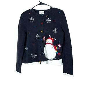 Vintage BRECKENRIDGE Black Christmas‎ Snowman Cardigan Sweater Size Petite Small